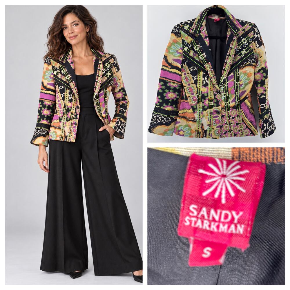 Sandy Starkman Embellished Silk Blazer Small Artsy Eclectic Whimsical Dopamine